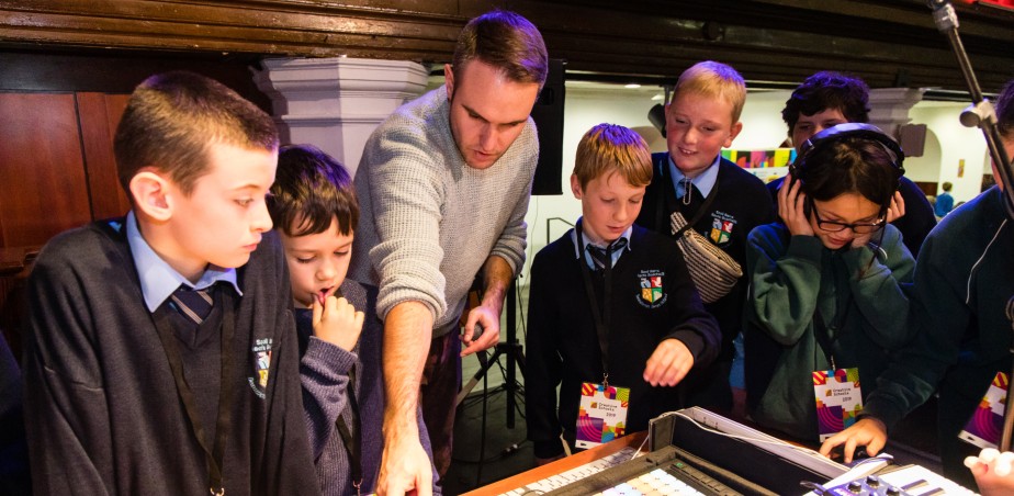 Creative Schools Celebration, Triskel Arts Centre, Cork 2019. Creative Associate Garry McCarthy with students from Scoil Barra Naofa Buachailli. Photographer: Liam Kidney.