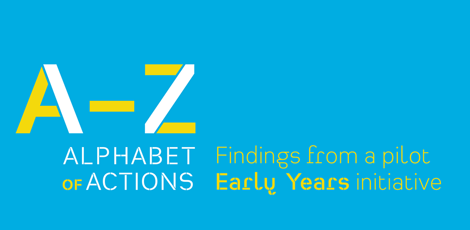 Graphic image with title A-Z Alphabet of Actions in yellow and white on blue background