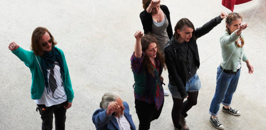 Sarah Pierce, Campus, 2011, 2012, 2017 _ Group performance with fabric curtains. Original script by Sarah Pierce.