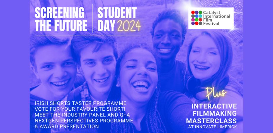 Teenagers taking a selfie with text overlay about Catalyst International Film Festival's Student Day 2024