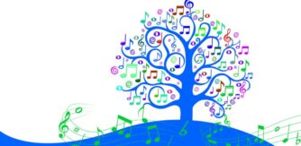 Artistic blue tree with notes and instruments on branches on a white background