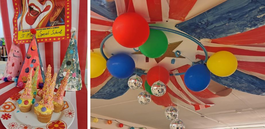Colourful circus themed props, balloons, posters and cupcakes on a table for The Circus, St Mary's Special School, Co Meath