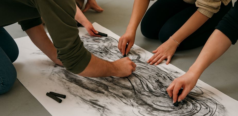 Students from MA in Arts and Engagement at Crawford College of Art draw on a large piece of paper on the ground.