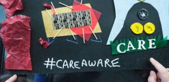 A colourful collage on black paper with the words Care and #careaware