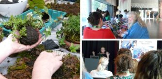 A group of three photos showing creative workshops and audience at a presentation at Portal Regional Day 2025