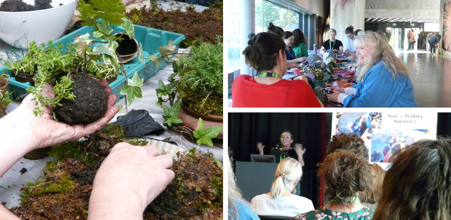 A group of three photos showing creative workshops and audience at a presentation at Portal Regional Day 2025
