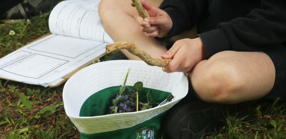 Student making sounds from twigs and a bowl for Little Woodland Heights project - Documentation Award 2025
