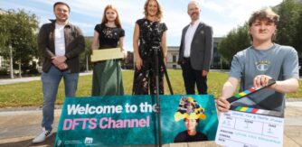 A group of students and teachers pictured with the Minister, for launch of Drama, Film and Theatre Studies Channel