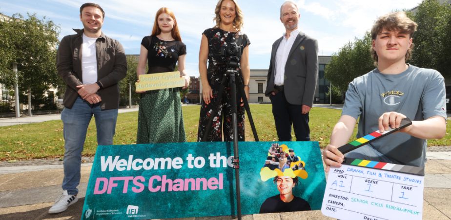 A group of students and teachers pictured with the Minister, for launch of Drama, Film and Theatre Studies Channel