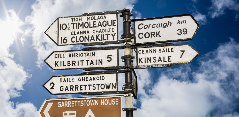 Signpost with Irish and English place names.
